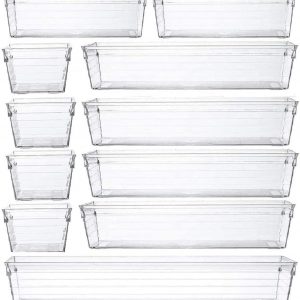 14 Pcs Kitchen Drawer Organiser Storage Trays for Makeup Bedroom Office, Desk Versatile, Plastic, Clear