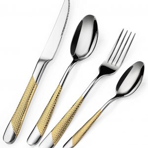 16 Piece Cutlery Set, Silver-Gold Stainless Steel Knife and Fork Sets Service for 4, Hammered Pattern Design Tableware with Forks/Spoons/Knives, Modern Silverware Set for Home/Restaurant/Party