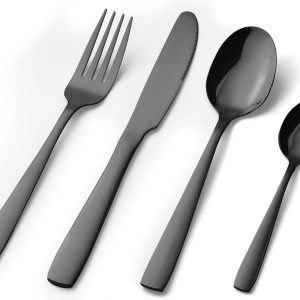 16 Piece Cutlery Set, Stainless Steel Flatware Silverware Sets with Square Edge, Service for 4 People, Elegant Tableware Included Knives Forks Spoons, Mirror Finished & Dishwasher Safe (Black)
