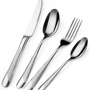 16 Piece Cutlery Set, Stainless Steel Knife and Fork Sets Service for 4, Hammered Pattern Design Tableware with Forks/Spoons/Knives, Modern Silverware Set for Home/Restaurant/Party