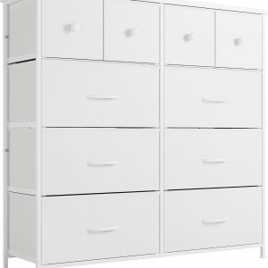 Nicehill Dresser for Bedroom with 10 Drawers, Storage Drawer Organizer, Tall Chest of Drawers for Closet, Clothes, Kids, Baby, Living Room, Wood Board, Fabric Drawers, White