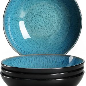 vancasso Bubble Stoneware Wide and Deep Pasta Bowl Set, 4-Piece Reactive Glaze Green Soup Plate, 8.2in Soup Bowl Large Bowl. 950ml/32oz