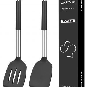 2 Pcs Silicone Spatulas Turners, Solid and Slotted Spatula Set, Non-Stick BPA Free High Heat Resistant Handy Kitchen Utensils for Cooking, Grill, Flipping Eggs, Fish, Pancake（Black）