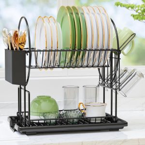 2 Tier Black Dish Drainer Rack with Drip Tray, Stainless Steel Draining Dish drainer with Draining Board and Utensils Holder, Dish Drying Rack for Small Kitchen Countertop