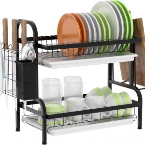 2 Tier Dish Drying Rack, Anti Rust Dish Drainer Rack with Drip Tray – Black Dish Rack Kitchen with Removable Cutlery Holder
