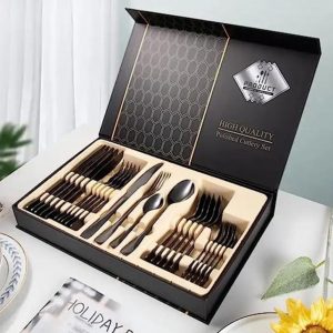 24-Piece Stainless Steel Cutlery Set, Silverware Cutlery Sets with Gift Box, Knife and Fork Sets for 6 Persons,Dishwasher Safe/Easy Clean (Black)