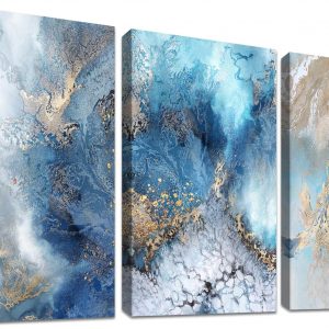 3 Panels Wooden Framed Gold Teal Ocean Canvas Wall Art Canvas Print Abstract Crashing Waves Painting Poster Picture Wall Decor Hallway Stairs Bedroom Decorations Ready To Hang 90x40cm(12″x16″x3pcs)