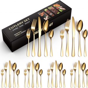 30 Piece Cutlery Set, Knife, Fork, Spoon, Tableware Cutlery Service for 6, Stainless Steel Sets High-Grade Mirror Polishing Cutlery Set (Gold)