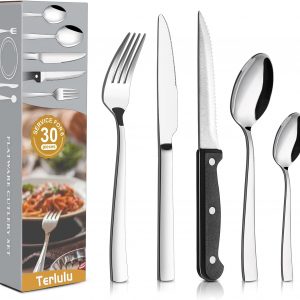 30 Piece Cutlery Sets with 6 Piece Steak Knives, Stainless Steel 30-Piece Silver Cutlery Flatware Set, Dinnerware Fork Knife Spoon Set Service for 6, Mirror Finished & Dishwasher Safe