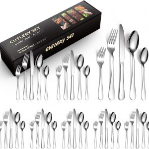 40 Piece Cutlery Set, Knife, Fork, Spoon, Tableware Cutlery Service for 8, Stainless Steel Sets High-Grade Mirror Polishing Cutlery Set (Silver)