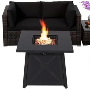 DOLIJA 6PCS Patio Rattan Furniture Set 30″ Fire Pit Table W/Cover Cushioned Black