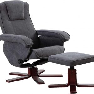 EVRE Comfy Chair Grey Armchair With Foot Stool & Reclining Functions Swivel Padded Fabric. Perfect for lounge chairs living room or reading chair – Dark Grey with grey footstool