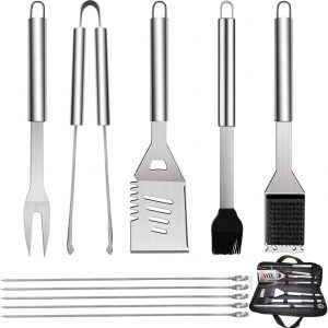 10PCS BBQ Grill Tool Set, GQC Stainless Steel Barbecue Grilling Utensils Kit with Carry Bag, Spatula, Tongs and Fork BBQ Tool Accessories for BBQ Cooking Outdoor Camping