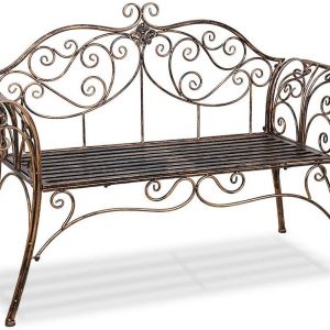 HLC Metal Antique Garden Benches Clearance Outdoor wrought iron Bench 2 Seat with Decorative Cast Iron Backrest Iron Cast Aluminium Bench for Garden,Patio, Porch and Yard Max 250kg (Brown)