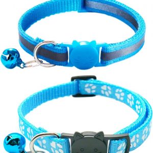Qinao 2Pack Cat Collars Quick Release Reflective Kitten Collar with Bell & Safety Release (SkyBlue) 19-32cm