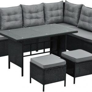EVRE Monroe Black Outdoor 8 Seat Wicker Rattan Garden Furniture Dining Set Cushioned Classic Corner Sofa Chair Glass Top Table and Footrest for Patios Conservatories Rectangular