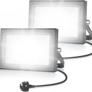 Linke LED Floodlights 60W with Plug, 5200LM Super Bright Work Light, IP66 Waterproof 6500K Daylight White Flood Light Mains Powered for Outdoor Garden, Porch, Courtyard, Garage & Warehouse, 2 Pack