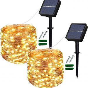 Lezonic Solar String Lights Outdoor, 2Pack 120 LED Solar Garden Lights Waterproof 12M/40Ft 8 Modes Indoor/Outdoor Fairy Lights Copper Wire Decorative Lighting for Patio Yard Party Wedding (Warm White)