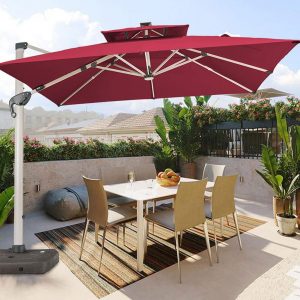 asdchZen 10 Feet Outdoor Cantilever Solar Powered LED Square Umbrella Aluminum Offset Umbrella with 360-Degree Rotation for Garden Deck Pool Patio,Red