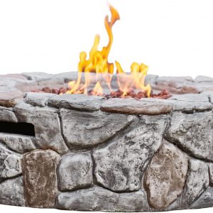 Teamson Home Outdoor Garden Round Propane Gas Fire Pit Table Burner, Smokeless Firepit, Patio Furniture Heater, Stone Effect with Lava Rocks & Cover