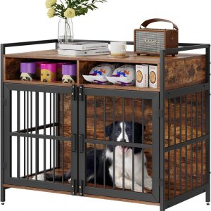 VEVOR Furniture Style Dog Crate with Storage, 41 inch Dog Crate Furniture Large Breed with Double Doors, Wooden Dog Cage for Large/Medium Dog Indoor, Hold up to 70 lbs, Rustic Brown