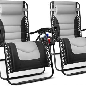 KEPLIN Set of 2 XXL Premium Heavy Duty Textoline Zero Gravity Chairs – Luxurious Garden Recliners, Adjustable Headrest, Cup & Phone Holder, Foldable & Easy to Clean Patio Sun Loungers (Grey)