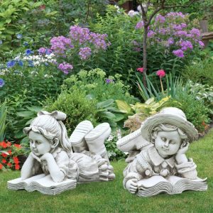 HomeZone Boy and Girl Laying and Reading Garden Ornaments Outdoor – Fully Waterproof Large Stone Effect Ornaments, Hand Crafted Lawn Statue and Sculpture Home and Garden Antique Decor
