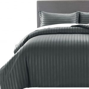 MOONLIGHT20015 Double Duvet Cover Set Hotel Quality Stripes Satin Bedding Double Bed Set with 2 Pillowcases, Reversible Hypoallergenic Soft Breathable Bed Covers (Charcoal, Double)