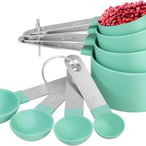8 Piece Measuring Cups and Spoon Set – Plastic Measuring Cup and Spoon with Stainless Steel Handle, Measuring Tool for Liquids and Solids (Teal)