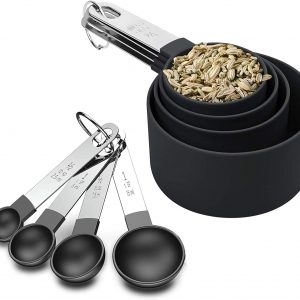 8 Piece Measuring Cups and Spoons Set, Plastic Measuring Cup and Spoon with Stainless Steel Handle, Measuring Tool for Liquids and Solids,for Cooking Kichen (Black)