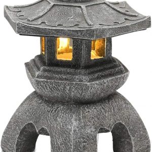 Goodeco Solar Pagoda Lantern Statue Garden Ornaments,Outdoor/Indoor Zen Asian Decor for Landscape Balcony,Garden,Patio,Porch Yard Art Ornament Gifts,Polyresin,Gray stone finish