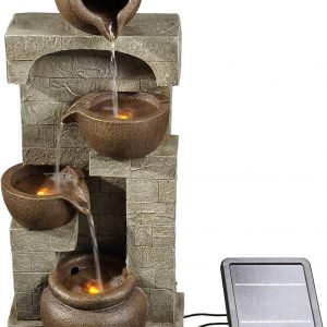 Teamson Home Solar Powered Water Feature, Indoor or Outdoor Garden Water Fountain, 4 Tier Pot, Waterfall with Solar Powered Pump and LED Lights
