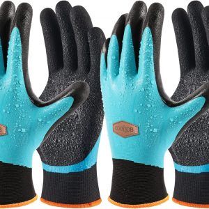 COOLJOB Waterproof Gardening Gloves for Women & Men, 2 Pairs Grip Double Latex Coated Work Gloves with Grip for Motorcycle, Car Washing, Blue & Black, Small Size (2 Pairs S)