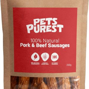 Pets Purest Natural Dog Treat Chews – 100% Healthy Air-Dried Pork & Beef Sausage Meat Treats for Dogs, Puppy & Senior. Grain & Gluten Free Low Fat Raw Protein Dog Food Snack (200g)