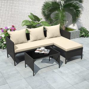 bigzzia Outdoor Rattan Patio Furniture Set with Chaise Lounge Sofa Set for Porch Garden, Space Saving L-Shaped Corner Sectional Chair with Glass Coffee Table (Black)