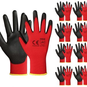 A406 24 Pair Red Work Gloves Nitrile coated Gloves Builder’s gloves Gardening Gloves Construction Warehouse use gloves (Large)
