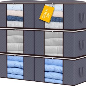 90L Storage Bags, 6Pack Large Capacity Clothes Storage Bags with Zips, Foldable Storage Bags with Reinforced Handle Breathable Thick Fabric for Comforters, Blankets, Bedding