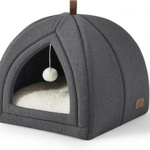 Bedsure Cat Cave Bed Igloo – Small Cat Tent Bed House with Removable Washable Cushion Pillow Foldable Portable Pet Bed,Dark Grey, 40x40x40cm