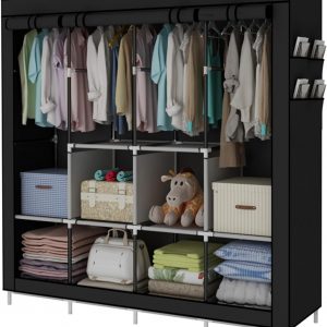 ACCSTORE Portable Wardrobe, Wardrobe Shelves, Clothes Storage Organiser with 4 Hanging Rails, Black