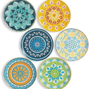 AHX Dinner Plates Ceramic Plate Set – 10 Inch Large Porcelain Round Plate Sets of 6 – Flat Colorful Pattern Dining Plates for Kitchen | Family – Dishwasher | Microwave | Oven Safe