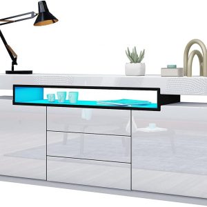 AWOOOD White Sideboard Cabinet Cupboard Matt Body & High Gloss TV Stand Unit LED Light with 2 Doors 3 Drawers 160cm for Living Room Dining Room