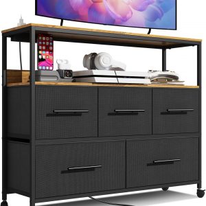 Adoture Dresser with Charging Station, Chest of Drawers for Bedroom with 5 Fabric Bins, TV Stand with Open Storage Shelf, TV Table with 4 Castors for Living Room, Hallway (Black)