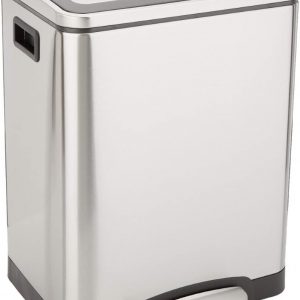 Amazon Basics 30L Dual Bin Soft-Close Trash can with Foot Pedal – 2 x 15 Liter Bins, Stainless Steel, for 1 or 2 people use