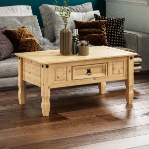 Amazon Basics Corona Rectangular Coffee Table With Drawer, Made From Distressed Waxed Solid Wood, Pine, 56 cm D x 94 cm W x 45 cm H (Previously Movian brand)