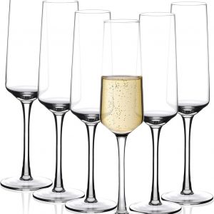 Amisglass Champagne Flutes Set of 6, Lead-free Clear Crystal Glass, Crystal Clear Clarity, Classic and Seamless Tower Design, Quality Sparkling Wine Stemware Set – 280ML