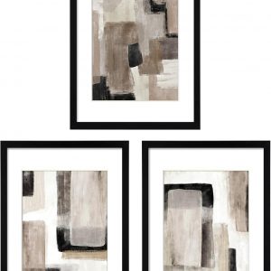 ArtbyHannah Framed Abstract Wall Art 3 Pack 11×14 IN with Brown Black Tan Blocks Prints for Wall Decor with Black Frames 29×36 cm, Extra Art Prints of Botanical Included