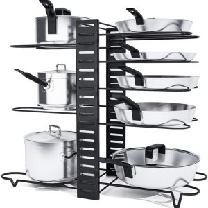Astoryou Pot Rack Organizer, 8 Tiers Pan Rack Holder Stand Detachable Pot Lid Rack Length Adjustable Shelf Cookware Holders Cabinet Pantry With 3 DIY Methods for Kitchen Counter and Cabinet,Black