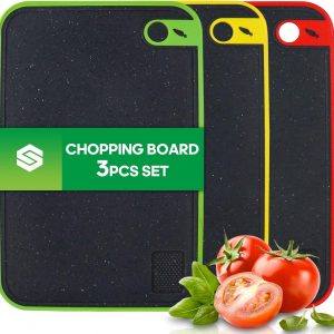 BOCHION Chopping Board Set, 3 Thick Plastic Cutting Boards with Non-Slip Feet and Garlic Press Grove, Large Chopping Boards for Kitchen BPA Free, Ideal for Meat/Fruits/Vegetables/Bread (Black)