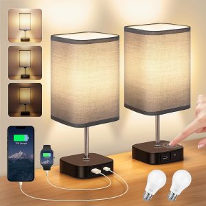 Bedside Lamps Set of 2 – Touch Lamps with USB-C+A Charging Ports, 3-Way Dimmable Table Lamp for Bedroom Living Room with Grey Fabric Shade (Bulbs Included) (USB C+A, Warm White)
