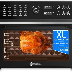 BridgePro 30L Digital Air Fryer Oven With Rotisserie, Full Accessory Set – XL Family Sized 18-in-1, 1800W, Dual Cook, Smart Dial, 360° Hot Air Circulation, Time & Temp Controlled, Fast Cooking
